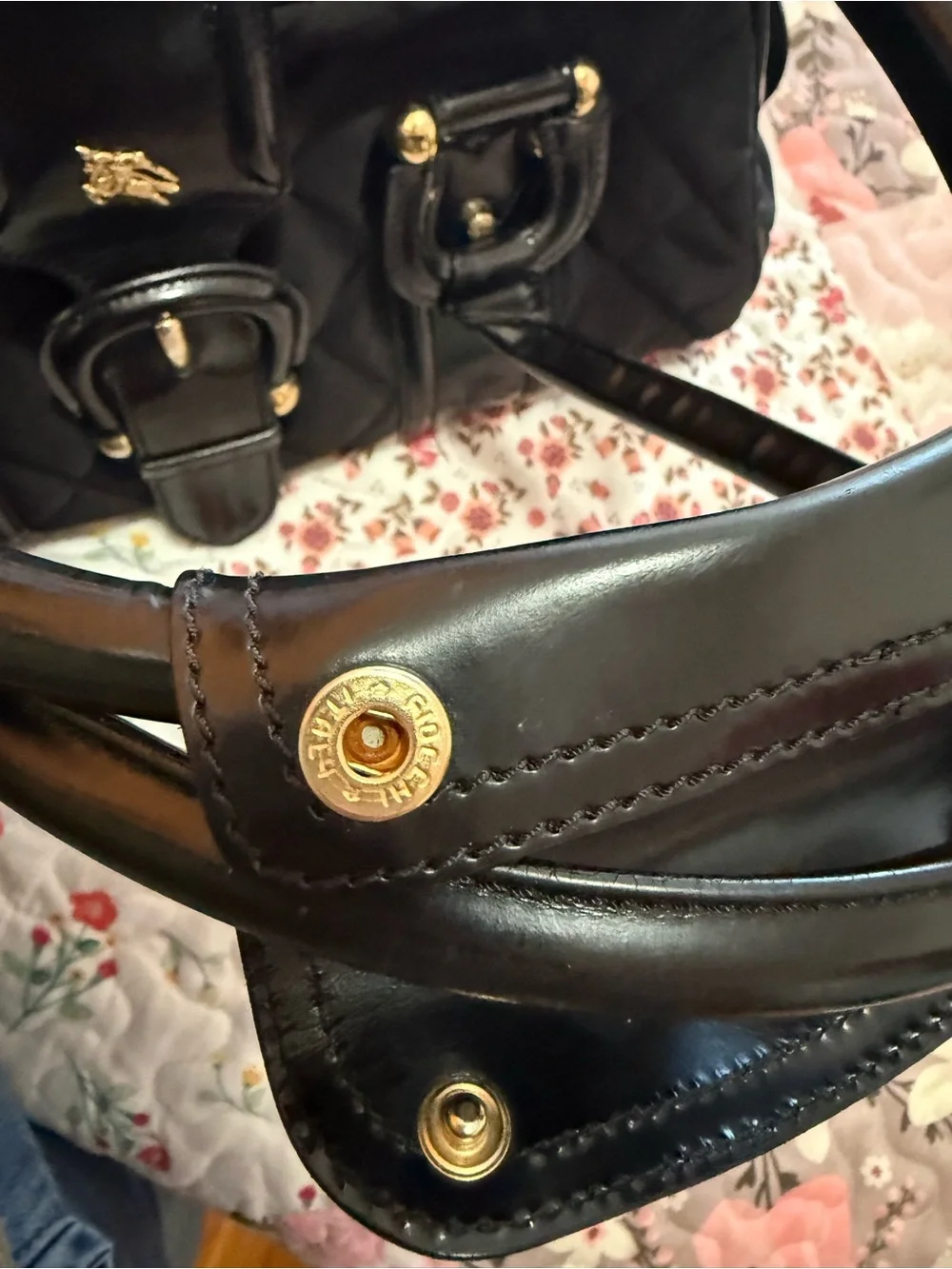 🐎 BURBERRY 🐎 BLACK QUILTED NYLON AND PATENT LEATHER MANOR SATCHEL AUTHENTIC